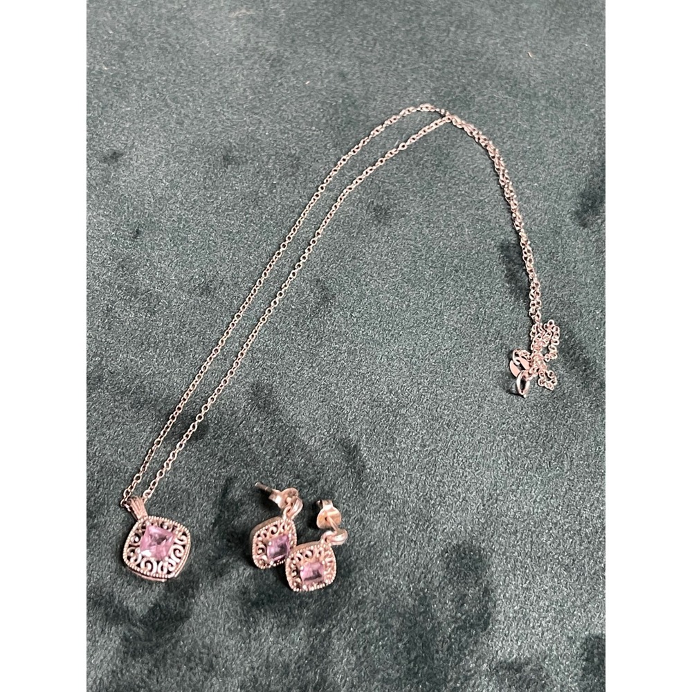 Sterling Silver Pink GemStone Necklace and Earrings Set 925 Stamped 18in